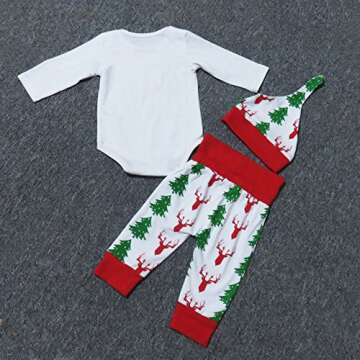 Caibiet Newborn Baby Boy Girl Christmas Outfits,My First Christmas Long Sleeve Bodysuit+Xmas Tree Deer Pants+Hat Infant 3Pcs/Set (90(6-12 Months), White/Red)