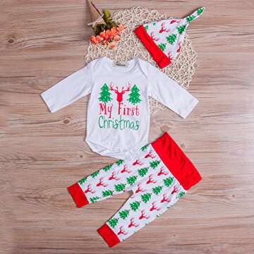 Caibiet Newborn Baby Boy Girl Christmas Outfits,My First Christmas Long Sleeve Bodysuit+Xmas Tree Deer Pants+Hat Infant 3Pcs/Set (90(6-12 Months), White/Red)