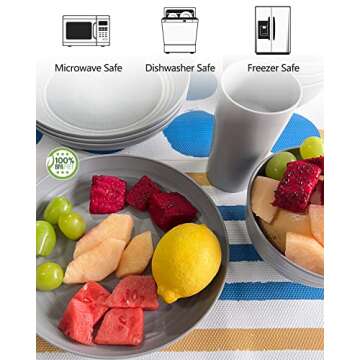 KITWILD Wheat Straw Dinnerware Sets, 12-Piece Lightweight Plastic Dinnerware Set with 8.9 Inch Unbreakable Plates, Bowl Set and Cup Set, BPA free, Dishwasher & Microwave Safe, Service for 4 - Grey