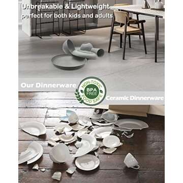 KITWILD Wheat Straw Dinnerware Sets, 12-Piece Lightweight Plastic Dinnerware Set with 8.9 Inch Unbreakable Plates, Bowl Set and Cup Set, BPA free, Dishwasher & Microwave Safe, Service for 4 - Grey