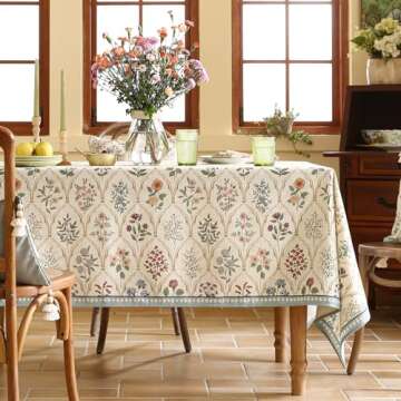 ISAENNE Floral Tablecloth for Square Tables,Linen Table Cloth with Colorful Flowers Pattern,Heavy Du...