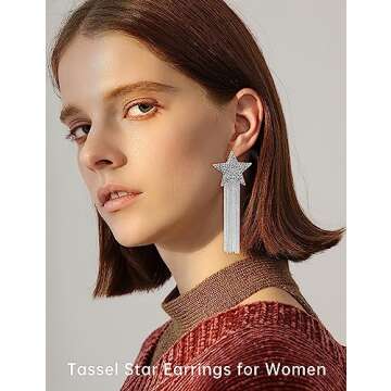 Rhinestone Big Star Dangle Earrings for Women, Long Tassel Stars Charms Stud Earrings Fashion Festival Christmas Birthday Party Jewelry Gifts