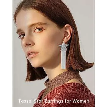 Rhinestone Big Star Dangle Earrings for Women, Long Tassel Stars Charms Stud Earrings Fashion Festival Christmas Birthday Party Jewelry Gifts