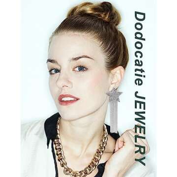 Rhinestone Big Star Dangle Earrings for Women, Long Tassel Stars Charms Stud Earrings Fashion Festival Christmas Birthday Party Jewelry Gifts