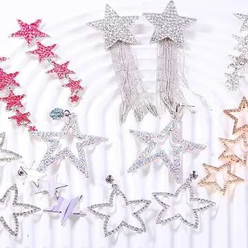 Rhinestone Big Star Dangle Earrings for Women, Long Tassel Stars Charms Stud Earrings Fashion Festival Christmas Birthday Party Jewelry Gifts