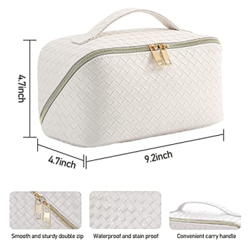 Large Capacity Travel Cosmetic Bag with Mini Travel Storage Bag,Multifunctional Lay Flat Travel Makeup Bag, PU Leather Waterproof Cosmetic Organizer Toiletry Bag with Handle & Dividers (White)