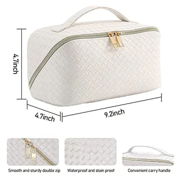 Large Capacity Travel Cosmetic Bag with Mini Travel Storage Bag,Multifunctional Lay Flat Travel Makeup Bag, PU Leather Waterproof Cosmetic Organizer Toiletry Bag with Handle & Dividers (White)