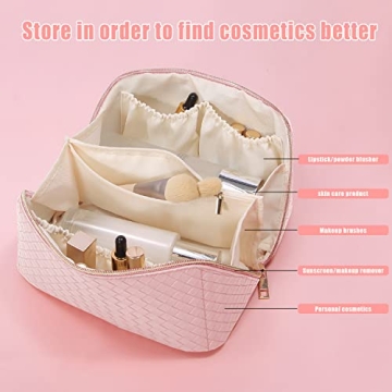 Large Capacity Travel Cosmetic Bag with Mini Travel Storage Bag,Multifunctional Lay Flat Travel Makeup Bag, PU Leather Waterproof Cosmetic Organizer Toiletry Bag with Handle & Dividers (White)