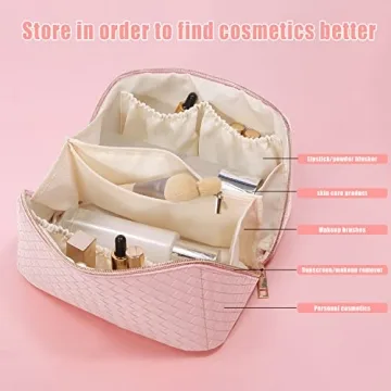 Large Capacity Travel Cosmetic Bag with Mini Travel Storage Bag,Multifunctional Lay Flat Travel Makeup Bag, PU Leather Waterproof Cosmetic Organizer Toiletry Bag with Handle & Dividers (White)