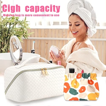 Large Capacity Travel Cosmetic Bag with Mini Travel Storage Bag,Multifunctional Lay Flat Travel Makeup Bag, PU Leather Waterproof Cosmetic Organizer Toiletry Bag with Handle & Dividers (White)