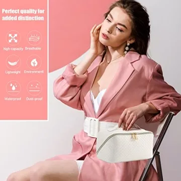 Large Capacity Travel Cosmetic Bag with Mini Travel Storage Bag,Multifunctional Lay Flat Travel Makeup Bag, PU Leather Waterproof Cosmetic Organizer Toiletry Bag with Handle & Dividers (White)