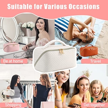 Large Capacity Travel Cosmetic Bag with Mini Travel Storage Bag,Multifunctional Lay Flat Travel Makeup Bag, PU Leather Waterproof Cosmetic Organizer Toiletry Bag with Handle & Dividers (White)