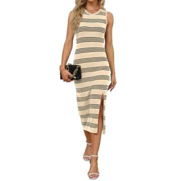 WIHOLL Midi Dresses for Women Casual Summer Long Dress Sleeveless Knit Side Slit Cruise Going Out Dress Striped Apricot L
