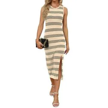 WIHOLL Midi Dresses for Women Casual Summer Long Dress Sleeveless Knit Side Slit Cruise Going Out Dress Striped Apricot L