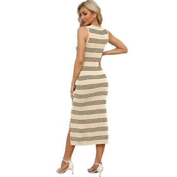 WIHOLL Midi Dresses for Women Casual Summer Long Dress Sleeveless Knit Side Slit Cruise Going Out Dress Striped Apricot L