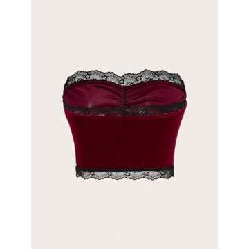 MakeMeChic Women's Lace Crop Tops Sleeveless Strapless Velvet Ruched Tube Top Burgundy Small