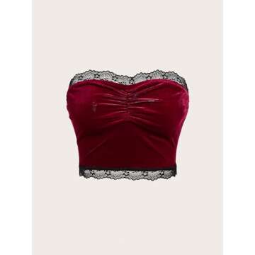 MakeMeChic Women's Lace Crop Tops Sleeveless Strapless Velvet Ruched Tube Top Burgundy Small