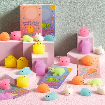 JOYIN 28 Pack Gift Cards with Cute Kawaii Mochi Squishy Toy to Squeeze Glow in The Dark Stress Relie...