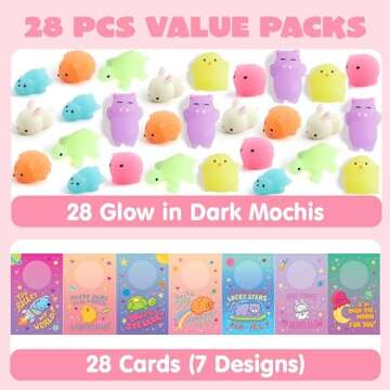 JOYIN 28 Pack Gift Cards with Cute Kawaii Mochi Squishy Toy to Squeeze Glow in The Dark Stress Relief Fidget Toy for Kids, Classroom Exchange Prizes Valentine Party Favor