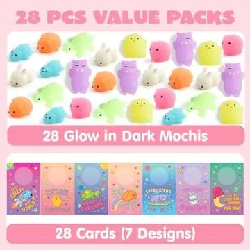 JOYIN 28 Pack Gift Cards with Cute Kawaii Mochi Squishy Toy to Squeeze Glow in The Dark Stress Relief Fidget Toy for Kids, Classroom Exchange Prizes Valentine Party Favor