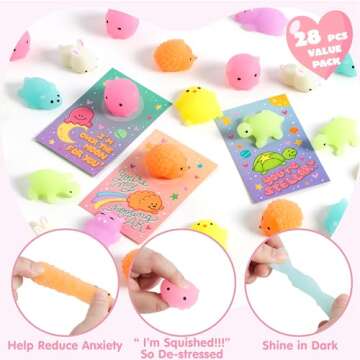 JOYIN 28 Pack Gift Cards with Cute Kawaii Mochi Squishy Toy to Squeeze Glow in The Dark Stress Relief Fidget Toy for Kids, Classroom Exchange Prizes Valentine Party Favor
