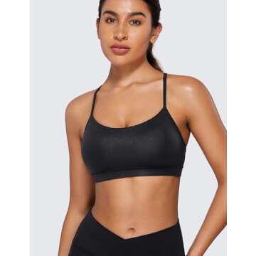 CRZ YOGA Butterluxe Womens Y Back Sports Bra - Padded Racerback Low Impact Spaghetti Thin Strap Workout Yoga Top Faux Leather Black Small