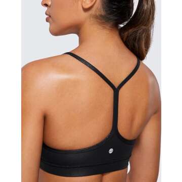 CRZ YOGA Butterluxe Womens Y Back Sports Bra - Padded Racerback Low Impact Spaghetti Thin Strap Workout Yoga Top Faux Leather Black Small