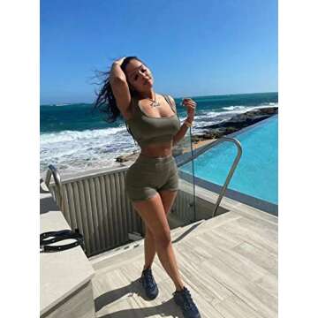 AYWA Casual Workout Sets Two Piece Outfits for Women Ribbed Crop Tank Top High Waist Leggings Active Wear (Grey-shorts, X-Small)…