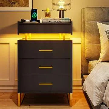 BTHFST LED Nightstand with Charging Station, Night Stand with 3 Drawers and 1 Pull-Out Tray, End Side Table with Storage, Bedside Table with LED Lights & Metal Legs, Black and Gold