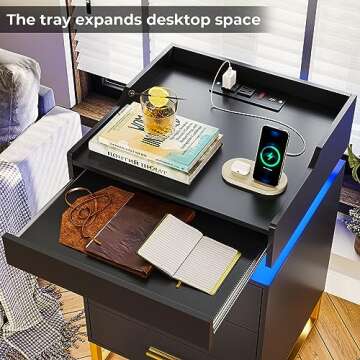 BTHFST LED Nightstand with Charging Station, Night Stand with 3 Drawers and 1 Pull-Out Tray, End Side Table with Storage, Bedside Table with LED Lights & Metal Legs, Black and Gold