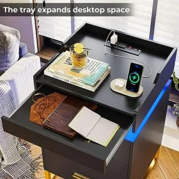 BTHFST LED Nightstand with Charging Station, Night Stand with 3 Drawers and 1 Pull-Out Tray, End Side Table with Storage, Bedside Table with LED Lights & Metal Legs, Black and Gold