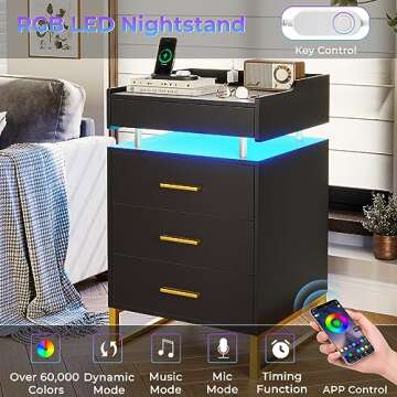 BTHFST LED Nightstand with Charging Station, Night Stand with 3 Drawers and 1 Pull-Out Tray, End Side Table with Storage, Bedside Table with LED Lights & Metal Legs, Black and Gold