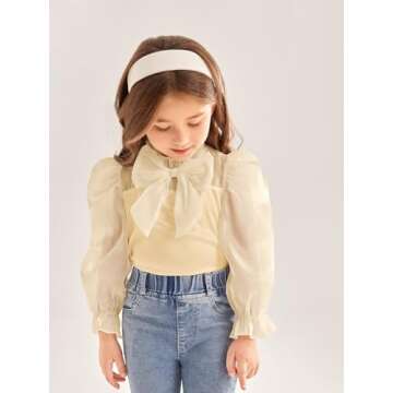 WDIRARA Toddler Girl's Mesh Sheer Long Sleeve Bowknot Mock Neck Frill Trim Blouse Top Beige 3-4Y