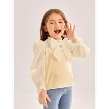 WDIRARA Toddler Girl's Mesh Sheer Long Sleeve Bowknot Mock Neck Frill Trim Blouse Top Beige 3-4Y