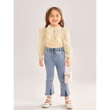 WDIRARA Toddler Girl's Mesh Sheer Long Sleeve Bowknot Mock Neck Frill Trim Blouse Top Beige 3-4Y