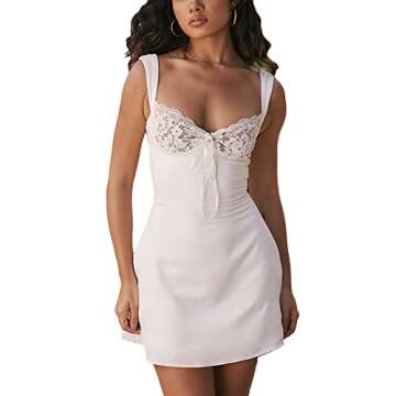Women Sexy Lace Patchwork Low Cut Sling Dress Summer Backless Sleeveless Slim Party Dress (A-White, ...