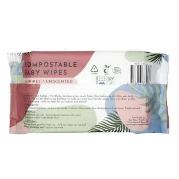 Eco Wave Baby Wipes, 100% Compostable Eco-Friendly Bamboo Wipes, Unscented, Hypoallergenic, Vegan, Alcohol-Free, Suitable For Sensitive Skin (Pack of 6)