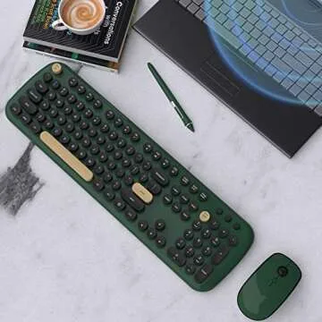 MoMoOne Wireless Keyboard Mouse Combo, Colorful Cute Round Retro Typewriter Keycaps, Full Size Wireless Keyboards Mice Set for PC, MAC, Laptop(Dark Green)