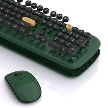 MoMoOne Wireless Keyboard Mouse Combo, Colorful Cute Round Retro Typewriter Keycaps, Full Size Wireless Keyboards Mice Set for PC, MAC, Laptop(Dark Green)