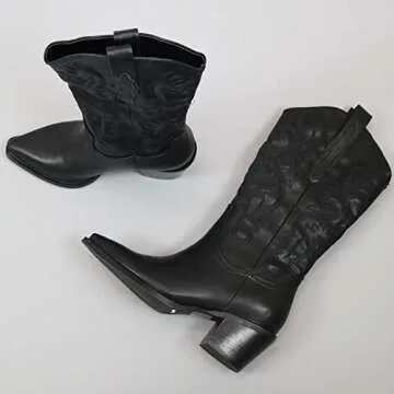 Mattiventon Cowgirl Boots for Women Vintage Embroidery Cowboy Boots Pull on Mid Calf Western Boots