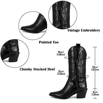Mattiventon Cowgirl Boots for Women Vintage Embroidery Cowboy Boots Pull on Mid Calf Western Boots