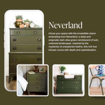 Country Chic All-in-One Chalk Paint for Furniture, Cabinets, Home Decor, Eco-Friendly, Matte Finish, Built-In Primer & Top Coat for Wood, Metal - Neverland (Olive Green) - Pint 16 oz (475 ml)