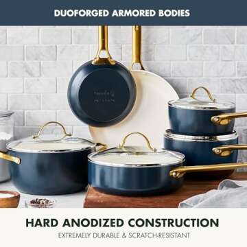 GreenPan Reserve Hard Anodized Healthy Ceramic Nonstick 10 Piece Cookware Pots and Pans Set, Gold-Tone Stainless Steel Handles, PFAS & PFOA-Free, Dishwasher Safe, Oven & Broiler Safe, Twilight Blue