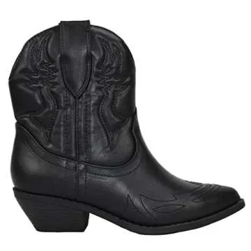 Soda Women Cowgirl Cowboy Western Stitched Ankle Boots Pointed Toe Short Booties Rigging-S (Black, 7.5)