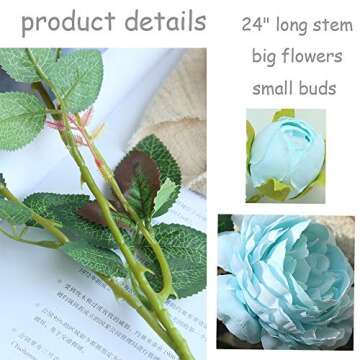 Lemax 24" Long Artificial Peony Silk Peony Bouquets Fake Flowers Wedding Home Decoration,Pack of 3 (Tiffany Blue)