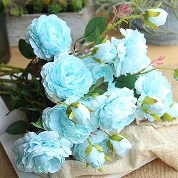 Lemax 24" Long Artificial Peony Silk Peony Bouquets Fake Flowers Wedding Home Decoration,Pack of 3 (Tiffany Blue)