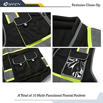 JKSafety 10 Pockets Hi-Vis Zipper Front Safety Vest with Reflective Strips