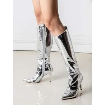 Shoe'N Tale Women's Knee High Boots Pointed Toe Stiletto High Heel Metallic Party Dressy Slip-on Booties Shoes(8,Silver)