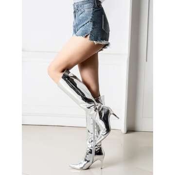 Shoe'N Tale Women's Knee High Boots Pointed Toe Stiletto High Heel Metallic Party Dressy Slip-on Booties Shoes(8,Silver)