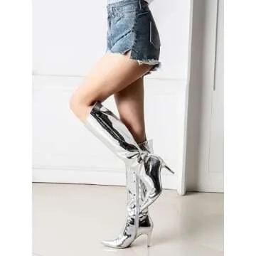 Shoe'N Tale Women's Knee High Boots Pointed Toe Stiletto High Heel Metallic Party Dressy Slip-on Booties Shoes(8,Silver)